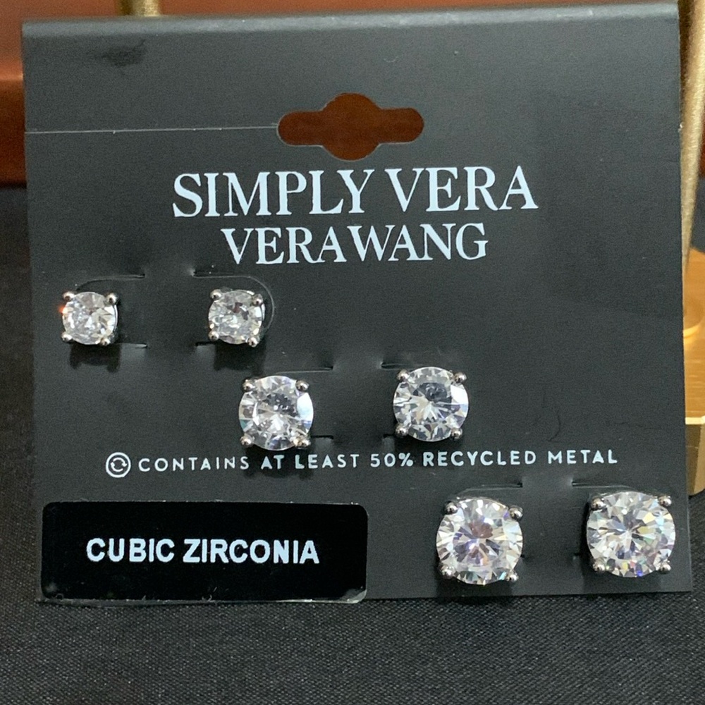 NWT Simply Vera Vera Wang 3 pair set of silver tone CZ stud earrings